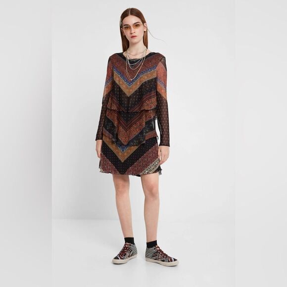 Desigual bohemian mini dress with sheer ruffles  XL - Picture 1 of 11